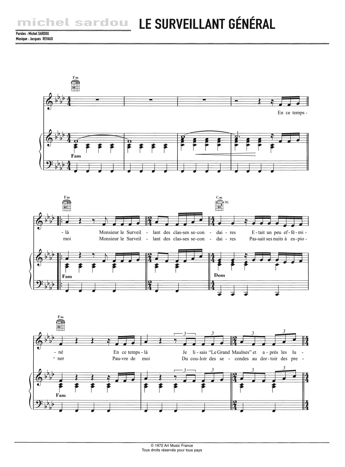 Download Michel Sardou Le Surveillant General Sheet Music and learn how to play Piano, Vocal & Guitar PDF digital score in minutes
