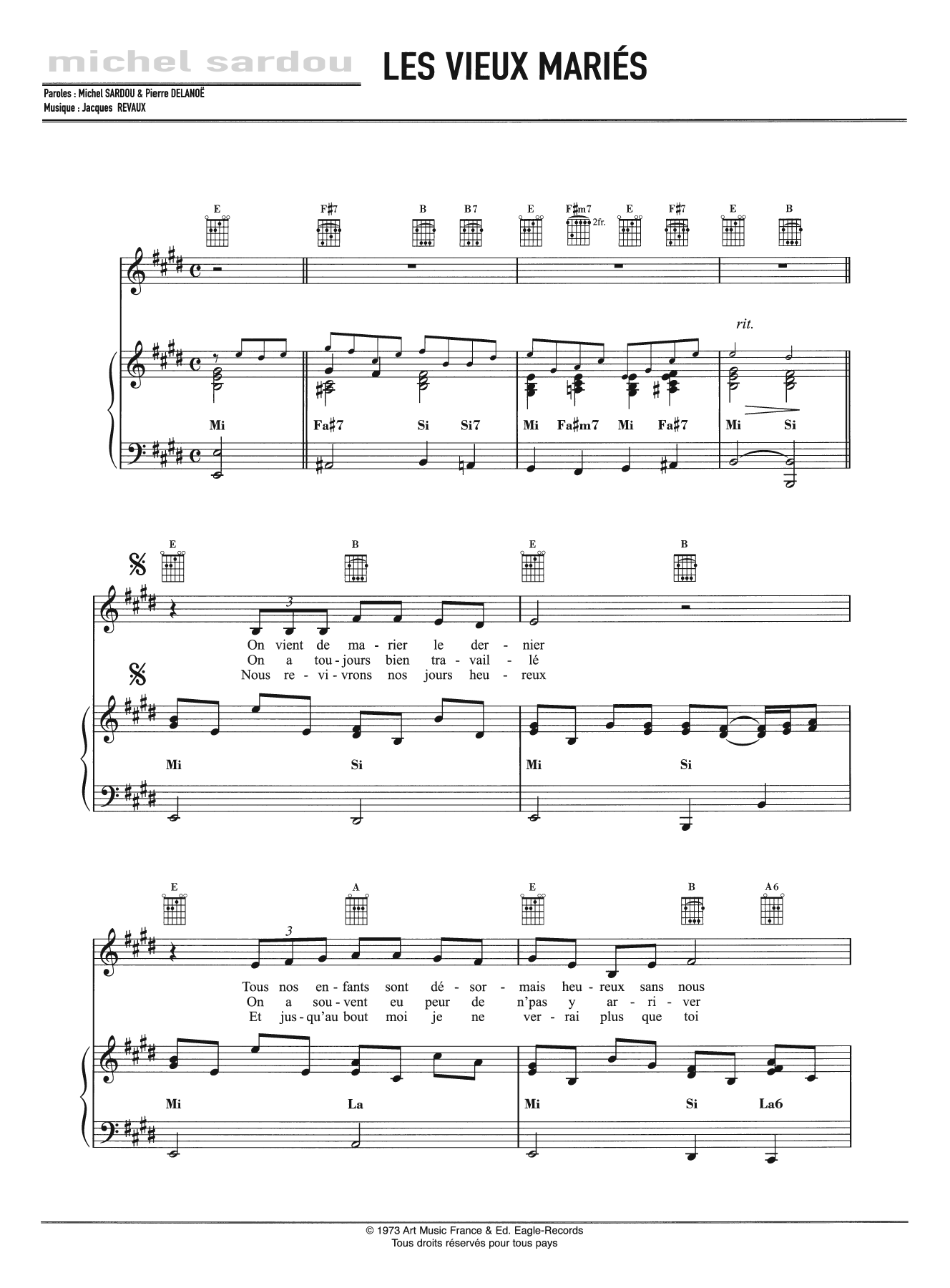 Download Michel Sardou Les Vieux Mariés Sheet Music and learn how to play Piano, Vocal & Guitar PDF digital score in minutes