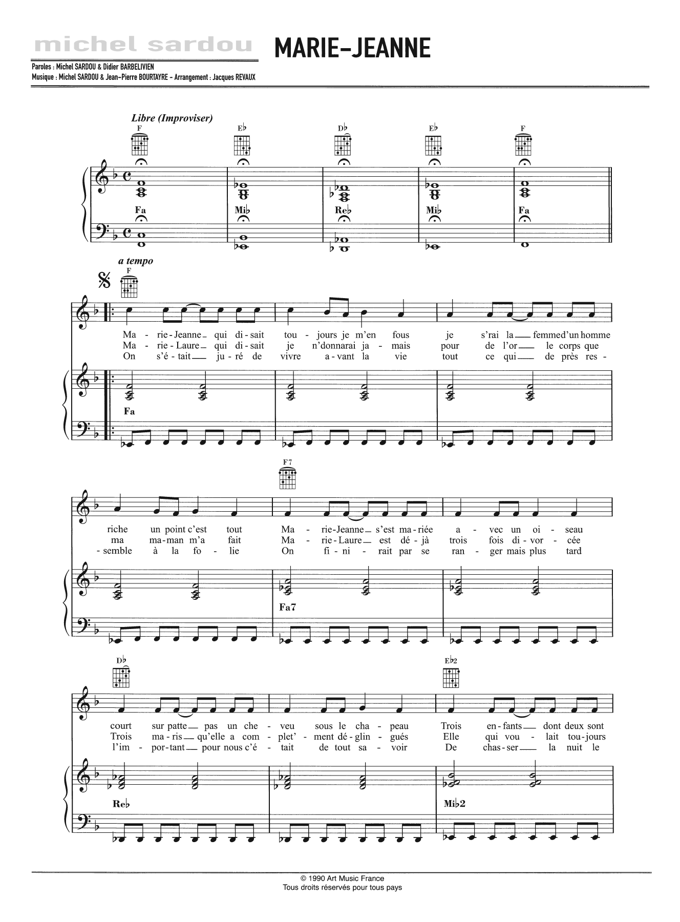 Download Michel Sardou Marie-Jeanne Sheet Music and learn how to play Piano, Vocal & Guitar PDF digital score in minutes