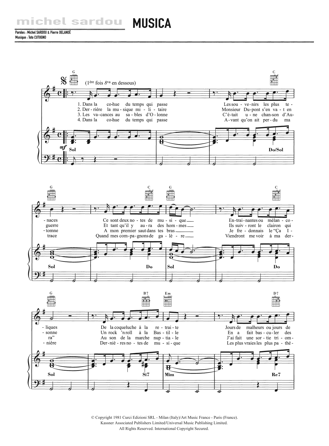 Download Michel Sardou Musica Sheet Music and learn how to play Piano, Vocal & Guitar (Right-Hand Melody) PDF digital score in minutes