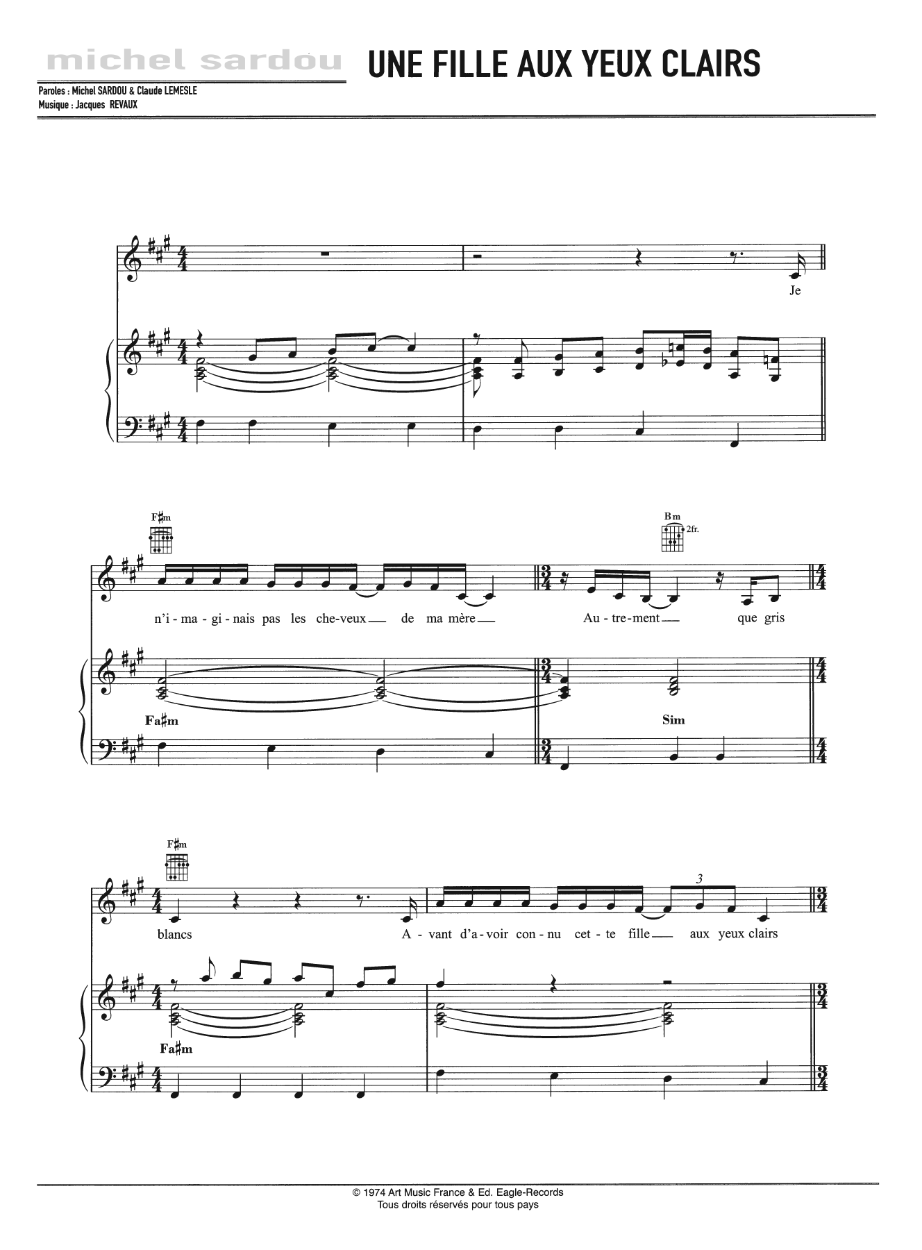 Download Michel Sardou Une Fille Aux Yeux Clairs Sheet Music and learn how to play Piano, Vocal & Guitar PDF digital score in minutes