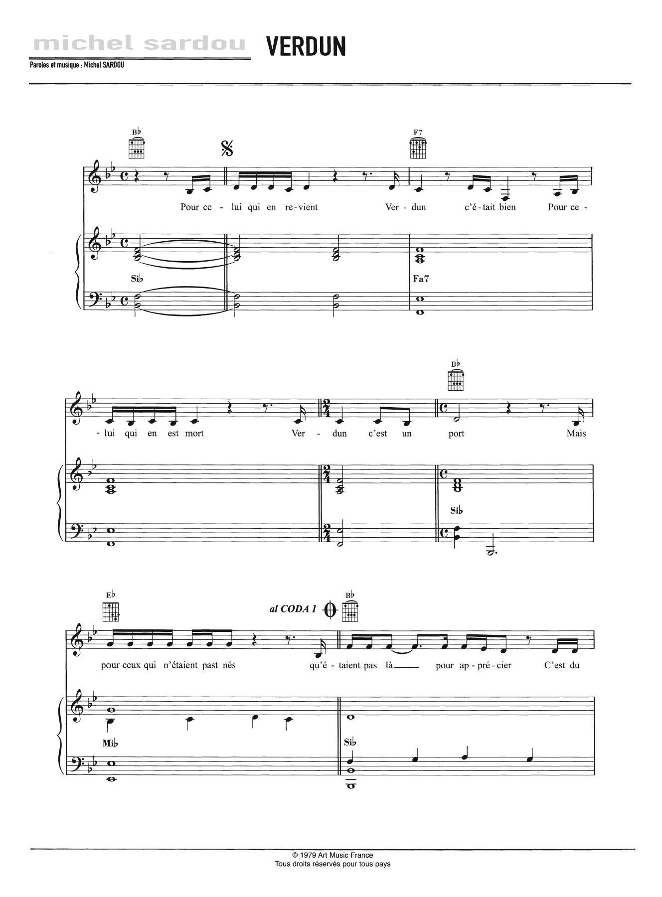 Download Michel Sardou Verdun Sheet Music and learn how to play Piano, Vocal & Guitar PDF digital score in minutes
