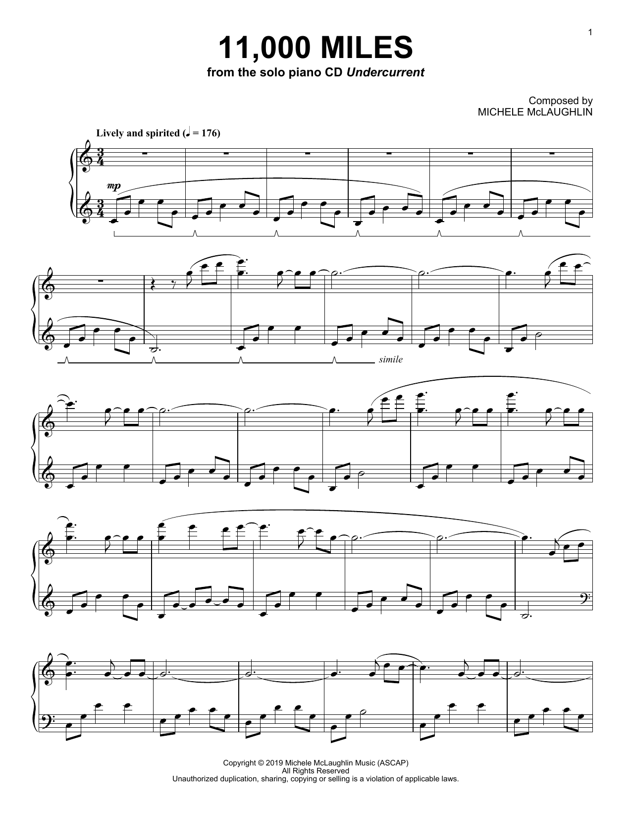 Download Michele McLaughlin 11,000 Miles Sheet Music and learn how to play Piano Solo PDF digital score in minutes
