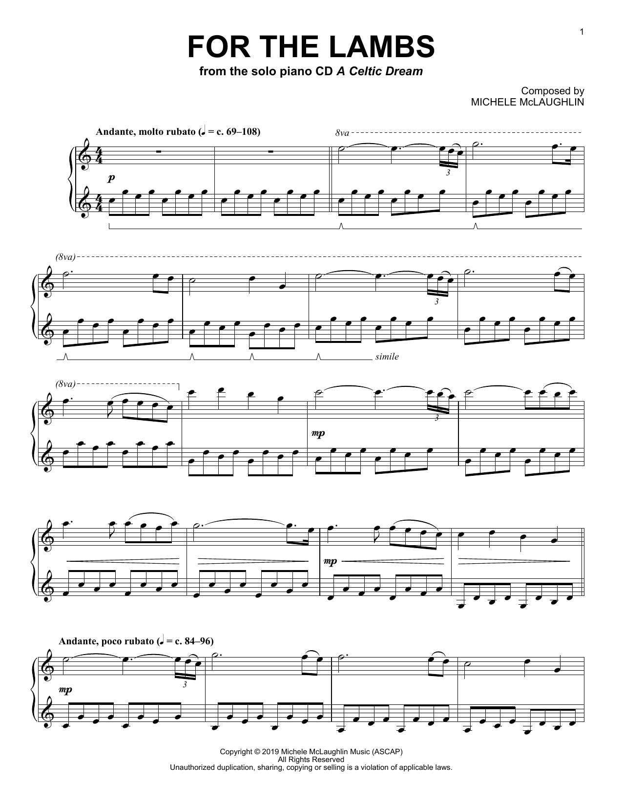Download Michele McLaughlin For The Lambs Sheet Music and learn how to play Piano Solo PDF digital score in minutes