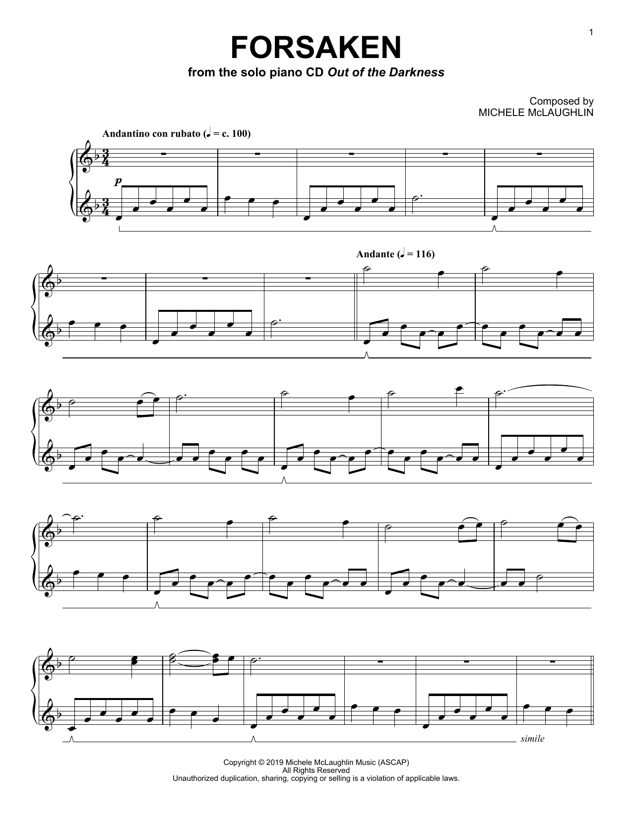 Download Michele McLaughlin Forsaken Sheet Music and learn how to play Piano Solo PDF digital score in minutes