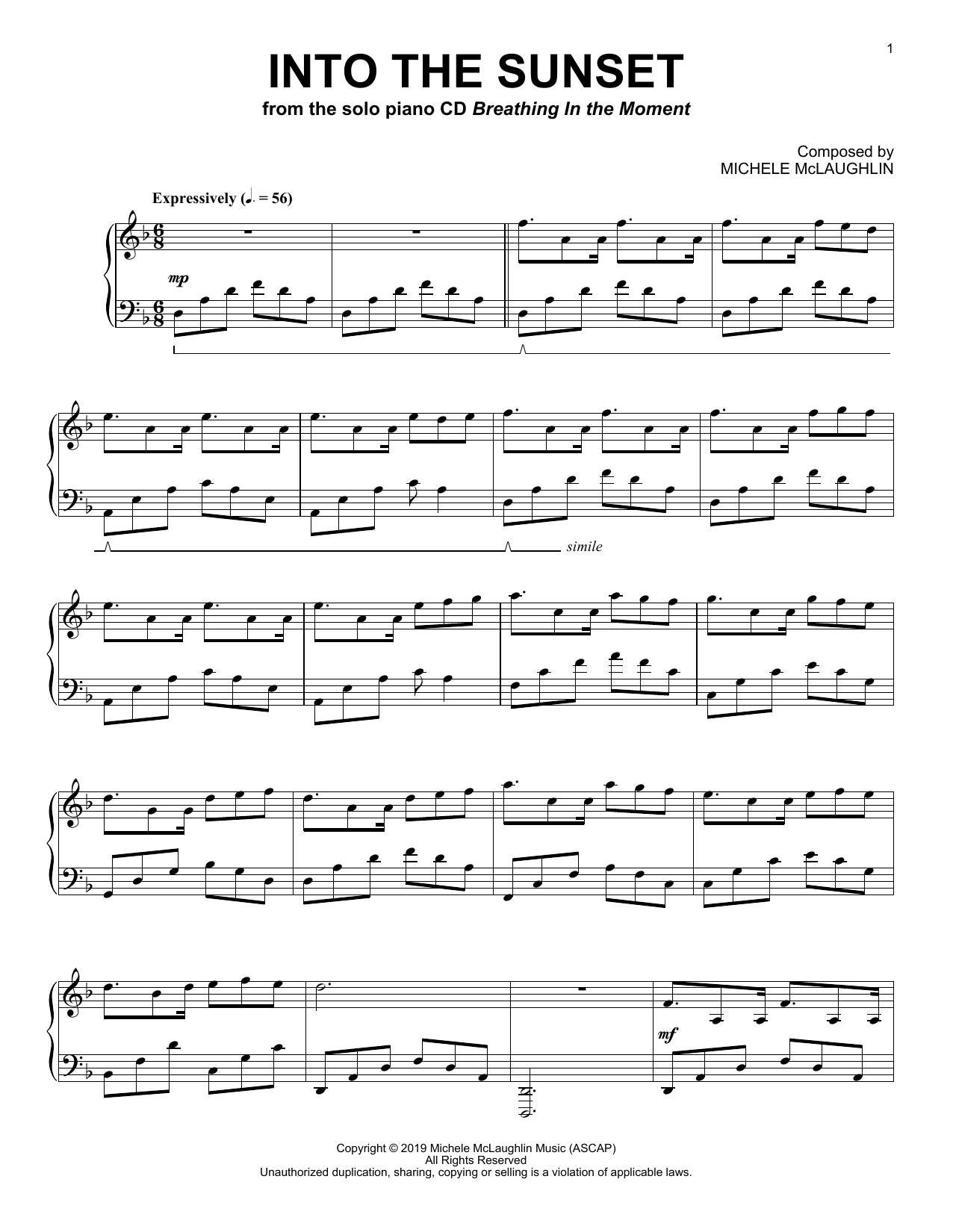 Download Michele McLaughlin Into The Sunset Sheet Music and learn how to play Piano Solo PDF digital score in minutes
