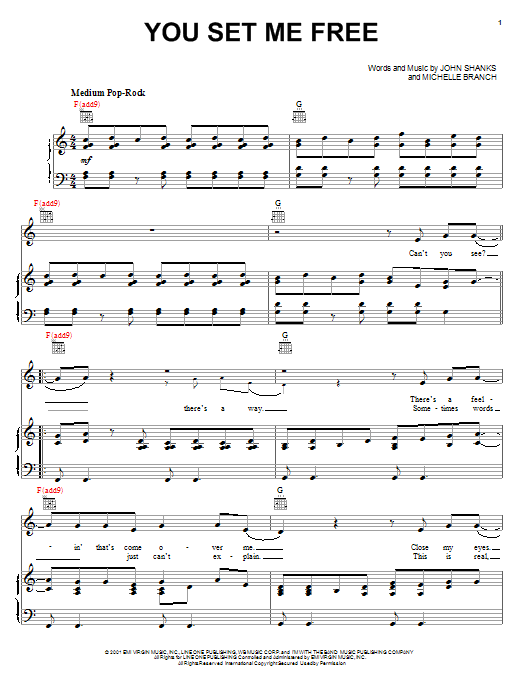 Download Michelle Branch You Set Me Free Sheet Music and learn how to play Piano, Vocal & Guitar (Right-Hand Melody) PDF digital score in minutes