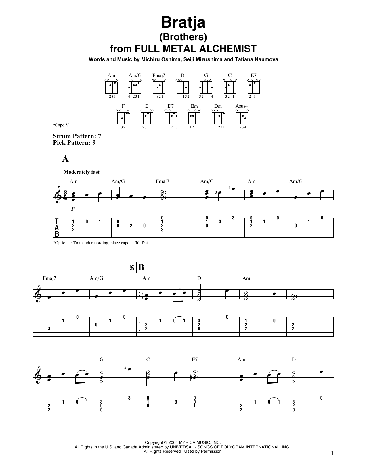 Download Michiru Oshima, Seiji Mizushima & Tatiana Naumova Bratja (Brothers) (from Full Metal Alchemist) Sheet Music and learn how to play Easy Guitar Tab PDF digital score in minutes