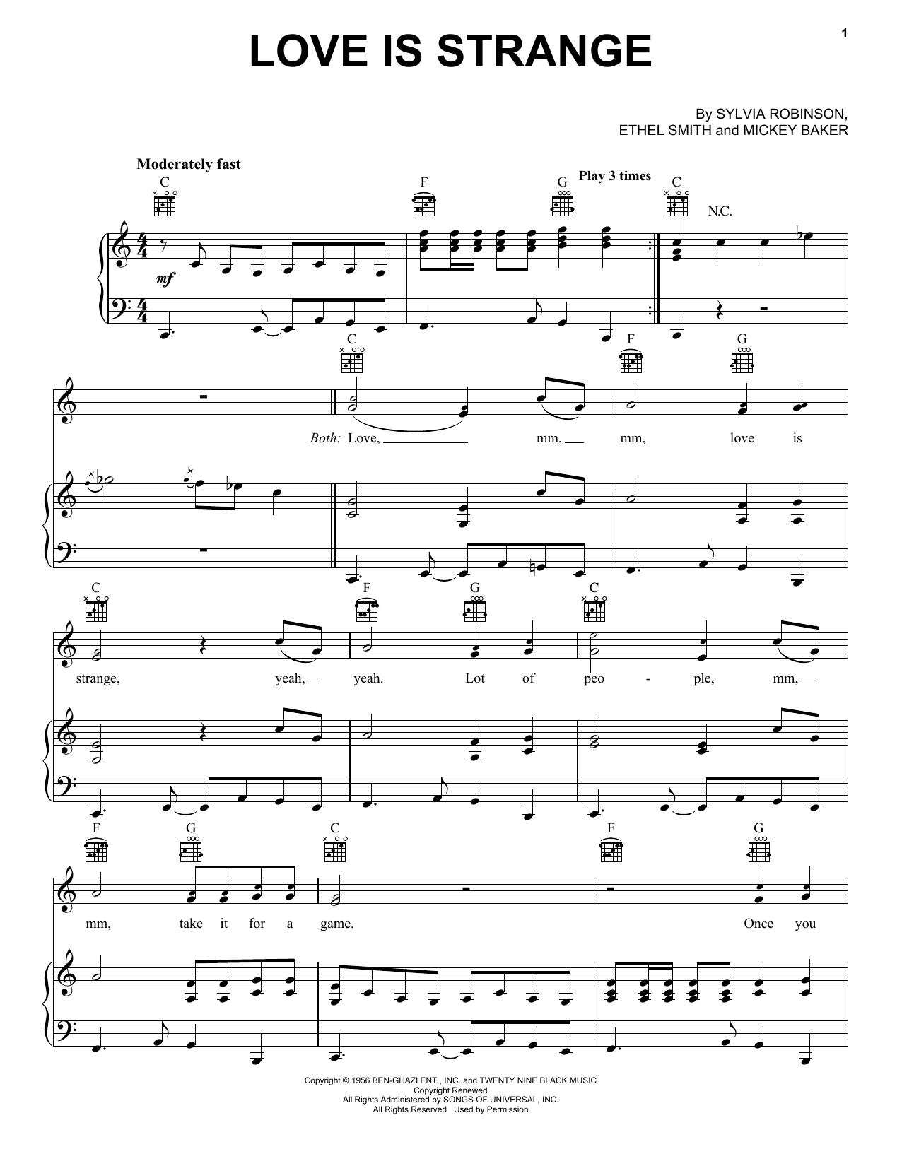 Download Mickey & Sylvia Love Is Strange Sheet Music and learn how to play Piano, Vocal & Guitar (Right-Hand Melody) PDF digital score in minutes