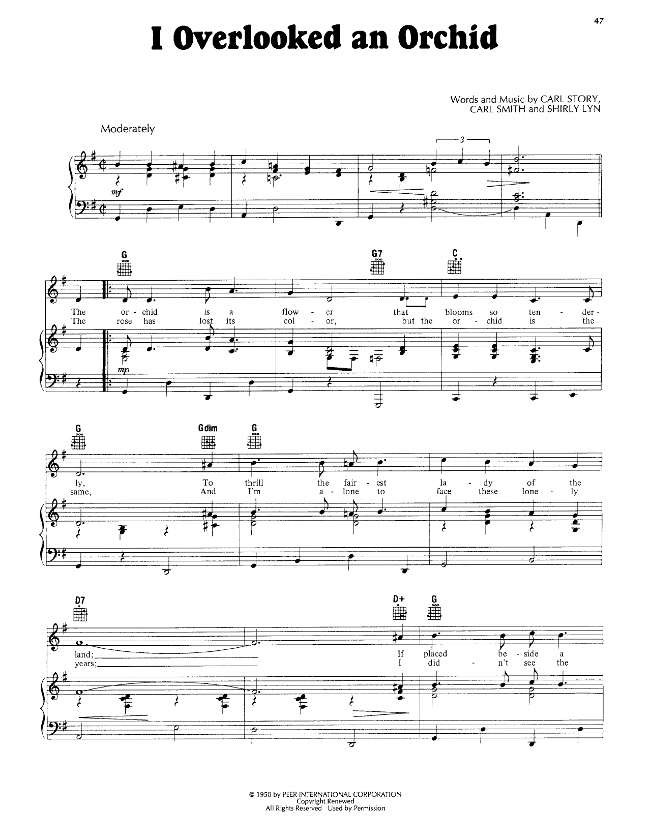 Download Mickey Gilley I Overlooked An Orchid Sheet Music and learn how to play Piano, Vocal & Guitar Chords (Right-Hand Melody) PDF digital score in minutes