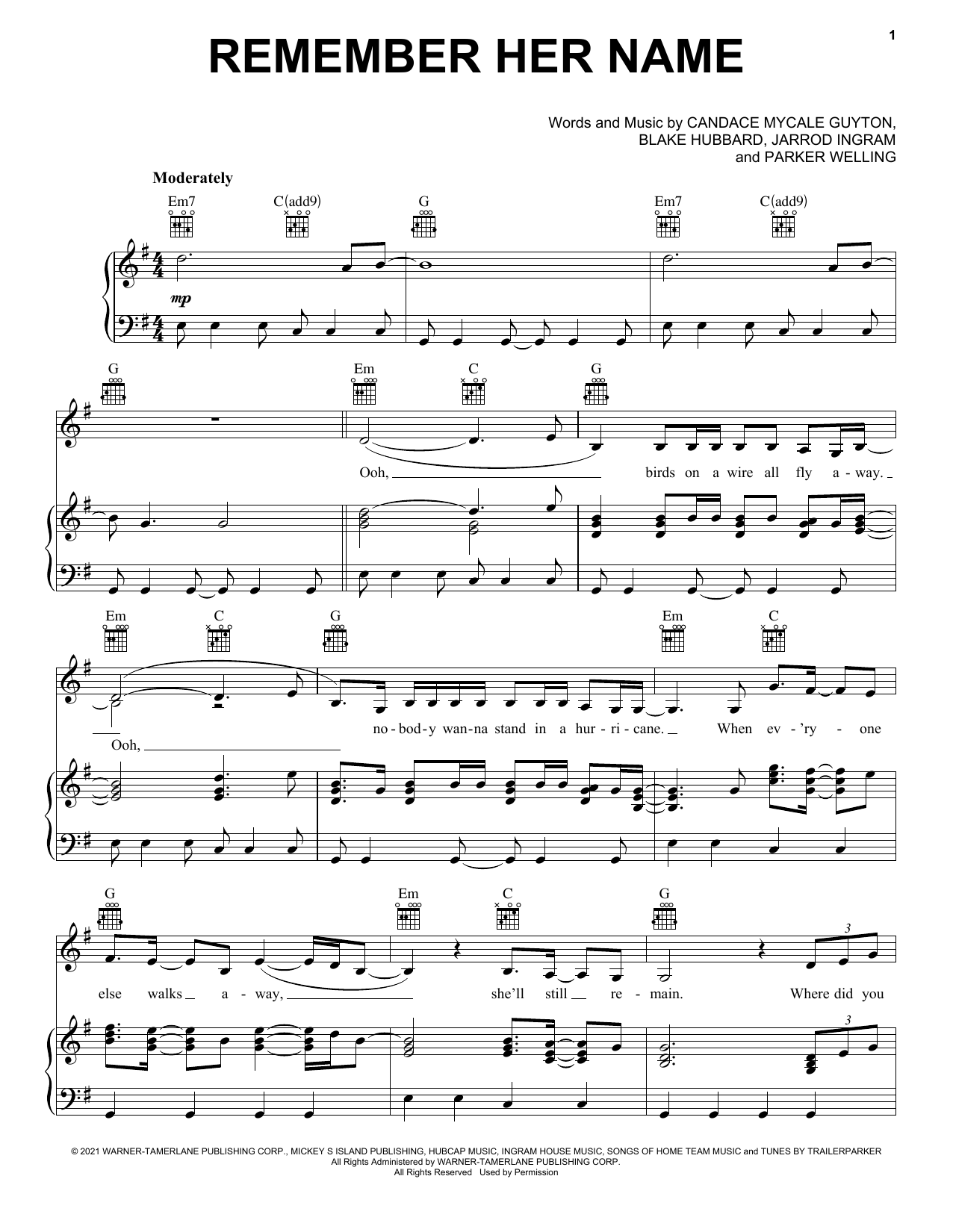 Download Mickey Guyton Remember Her Name Sheet Music and learn how to play Piano, Vocal & Guitar Chords (Right-Hand Melody) PDF digital score in minutes