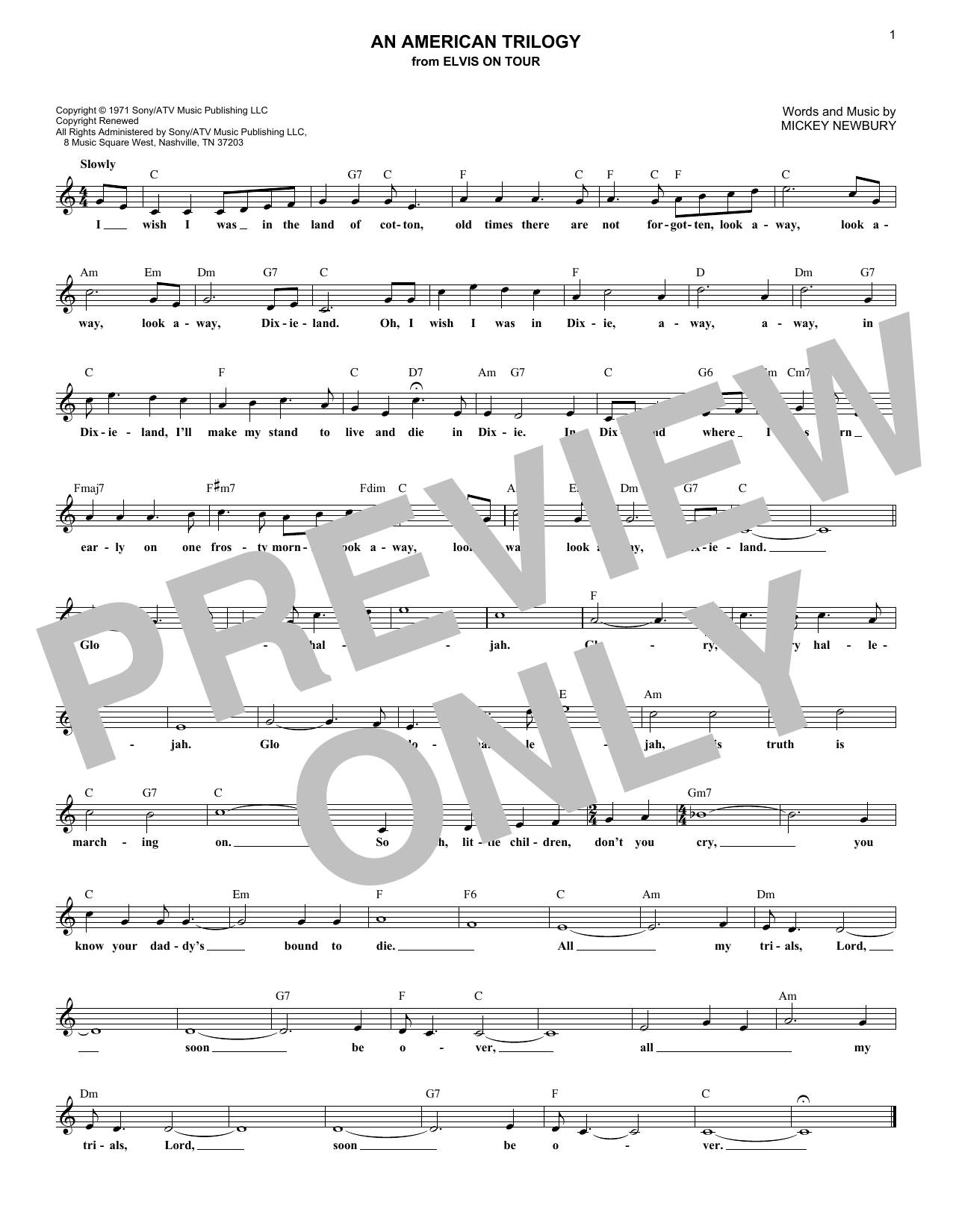 Download Mickey Newbury An American Trilogy Sheet Music and learn how to play Melody Line, Lyrics & Chords PDF digital score in minutes