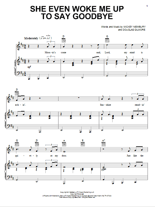 Download Mickey Newbury She Even Woke Me Up To Say Goodbye Sheet Music and learn how to play Piano, Vocal & Guitar (Right-Hand Melody) PDF digital score in minutes