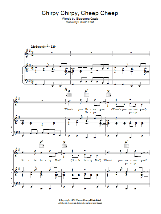Download Middle Of The Road Chirpy Chirpy Cheep Cheep Sheet Music and learn how to play Piano, Vocal & Guitar (Right-Hand Melody) PDF digital score in minutes
