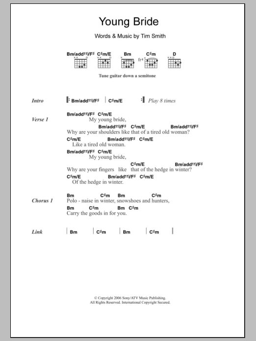 Download Midlake Young Bride Sheet Music and learn how to play Lyrics & Chords PDF digital score in minutes