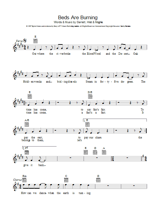 Download Midnight Oil Beds Are Burning Sheet Music and learn how to play Lyrics & Chords PDF digital score in minutes