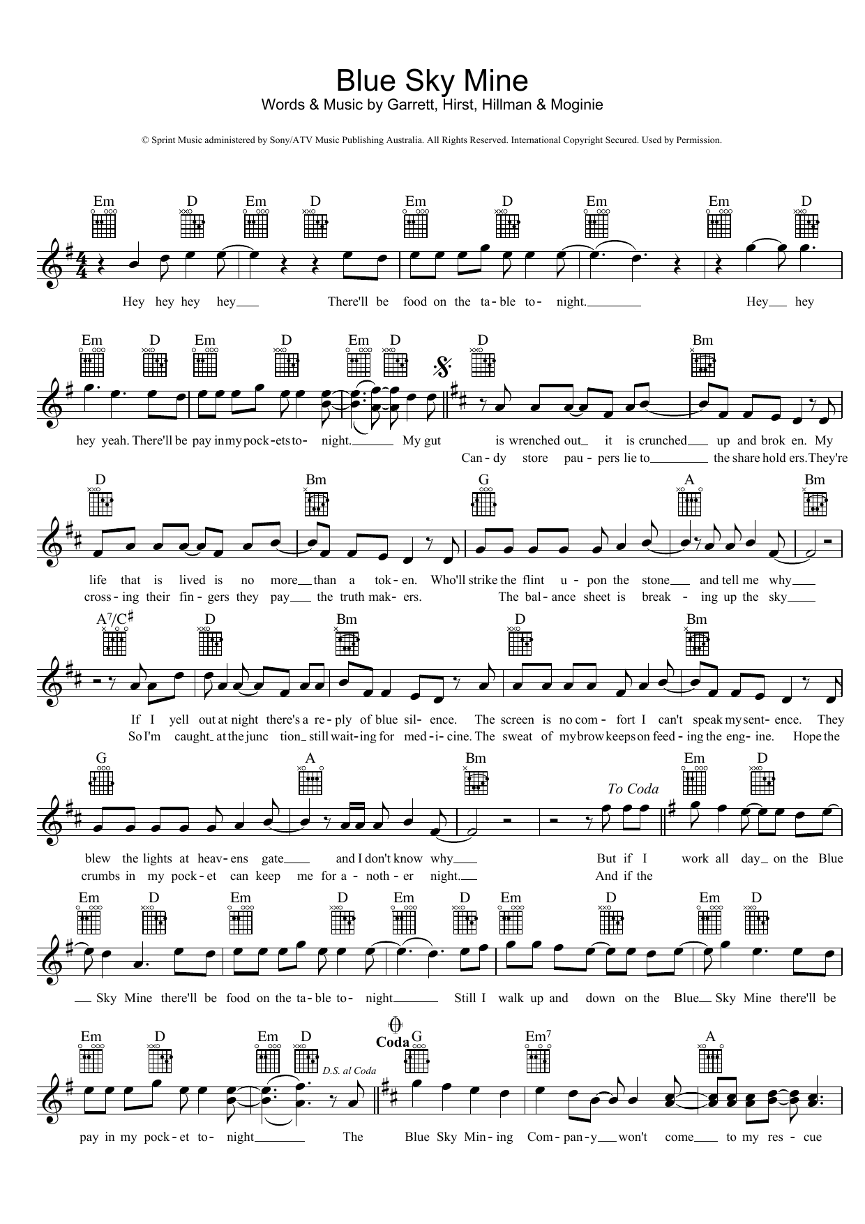 Download Midnight Oil Blue Sky Mine Sheet Music and learn how to play Melody Line, Lyrics & Chords PDF digital score in minutes