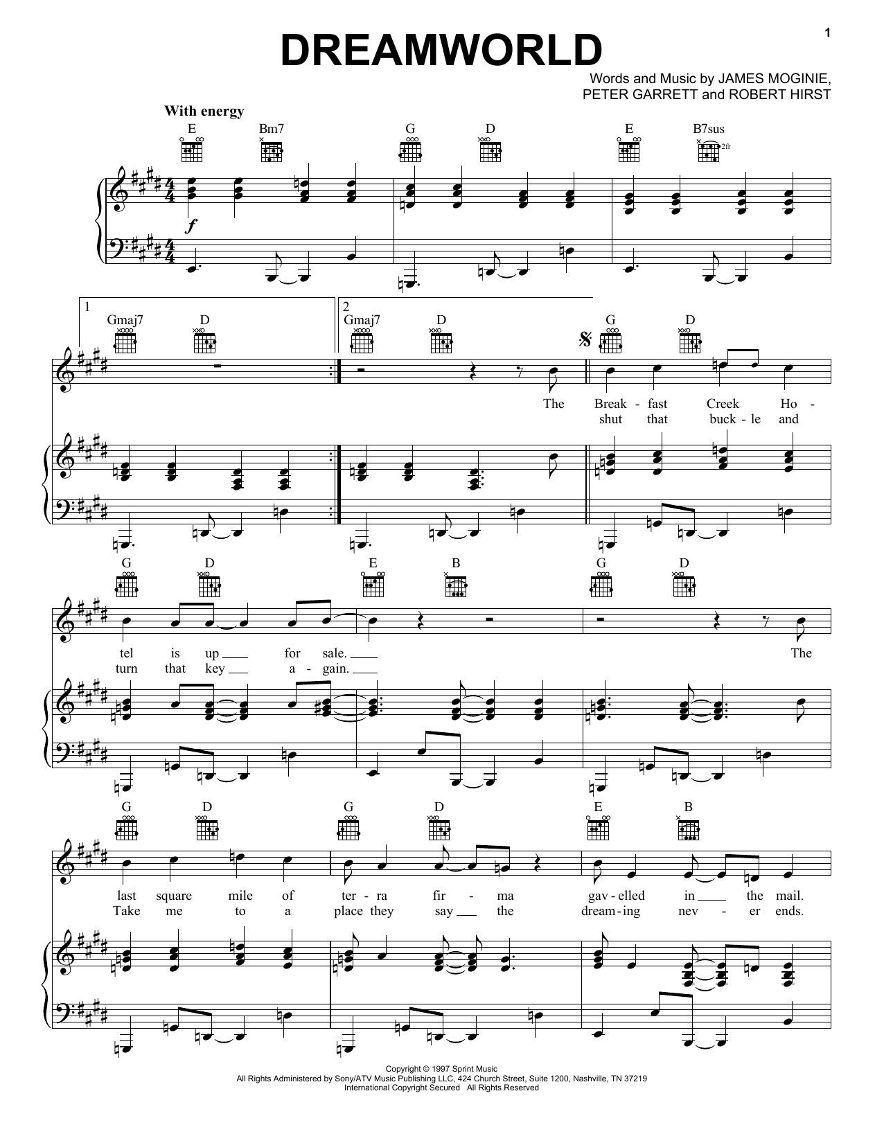 Download Midnight Oil Dreamworld Sheet Music and learn how to play Piano, Vocal & Guitar (Right-Hand Melody) PDF digital score in minutes