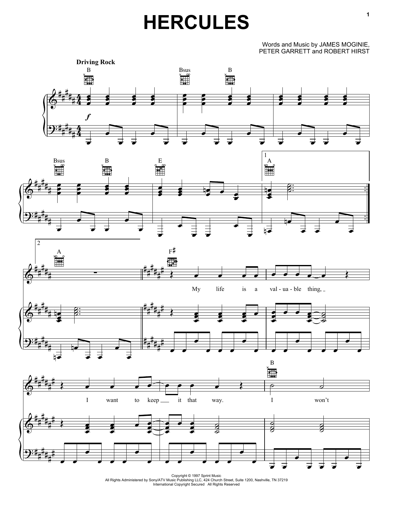 Download Midnight Oil Hercules Sheet Music and learn how to play Piano, Vocal & Guitar (Right-Hand Melody) PDF digital score in minutes