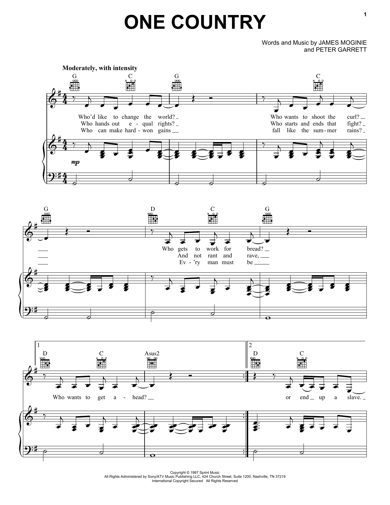 Download Midnight Oil One Country Sheet Music and learn how to play Piano, Vocal & Guitar (Right-Hand Melody) PDF digital score in minutes