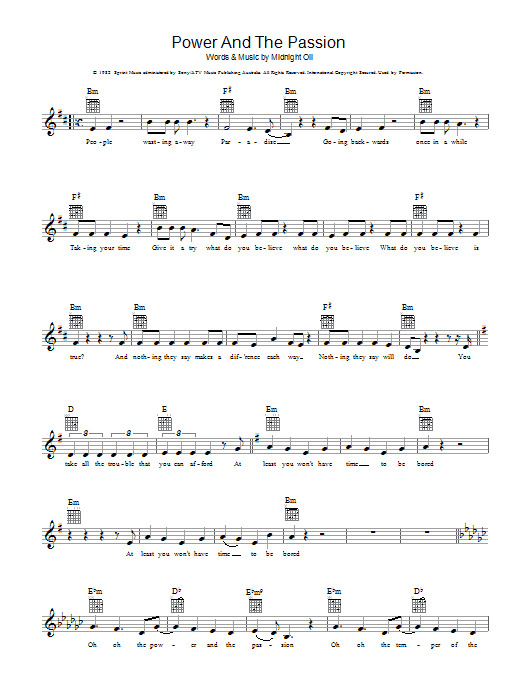 Download Midnight Oil Power And The Passion Sheet Music and learn how to play Melody Line, Lyrics & Chords PDF digital score in minutes