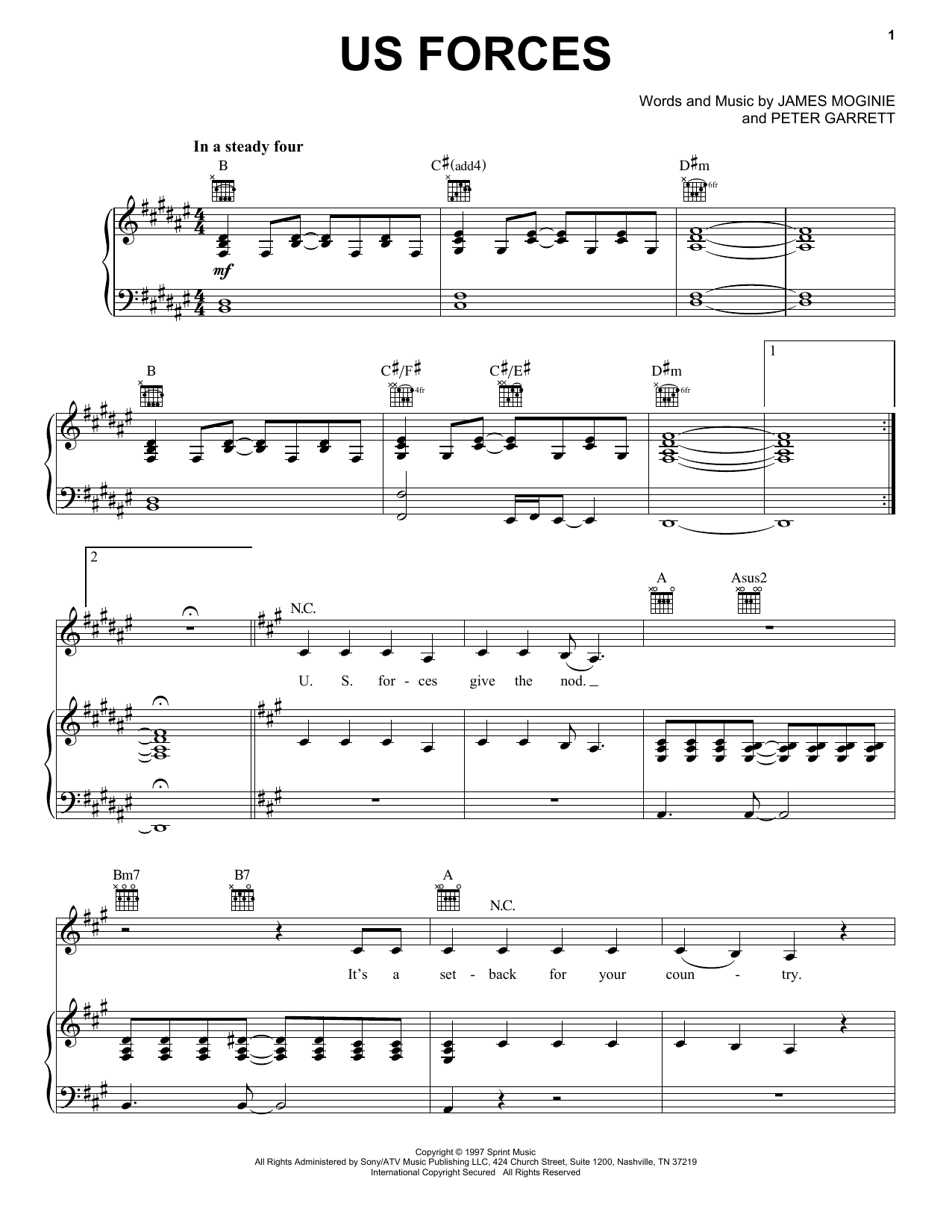 Download Midnight Oil US Forces Sheet Music and learn how to play Piano, Vocal & Guitar (Right-Hand Melody) PDF digital score in minutes