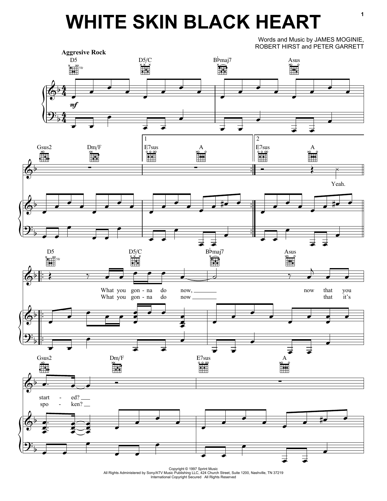 Download Midnight Oil White Skin Black Heart Sheet Music and learn how to play Piano, Vocal & Guitar (Right-Hand Melody) PDF digital score in minutes