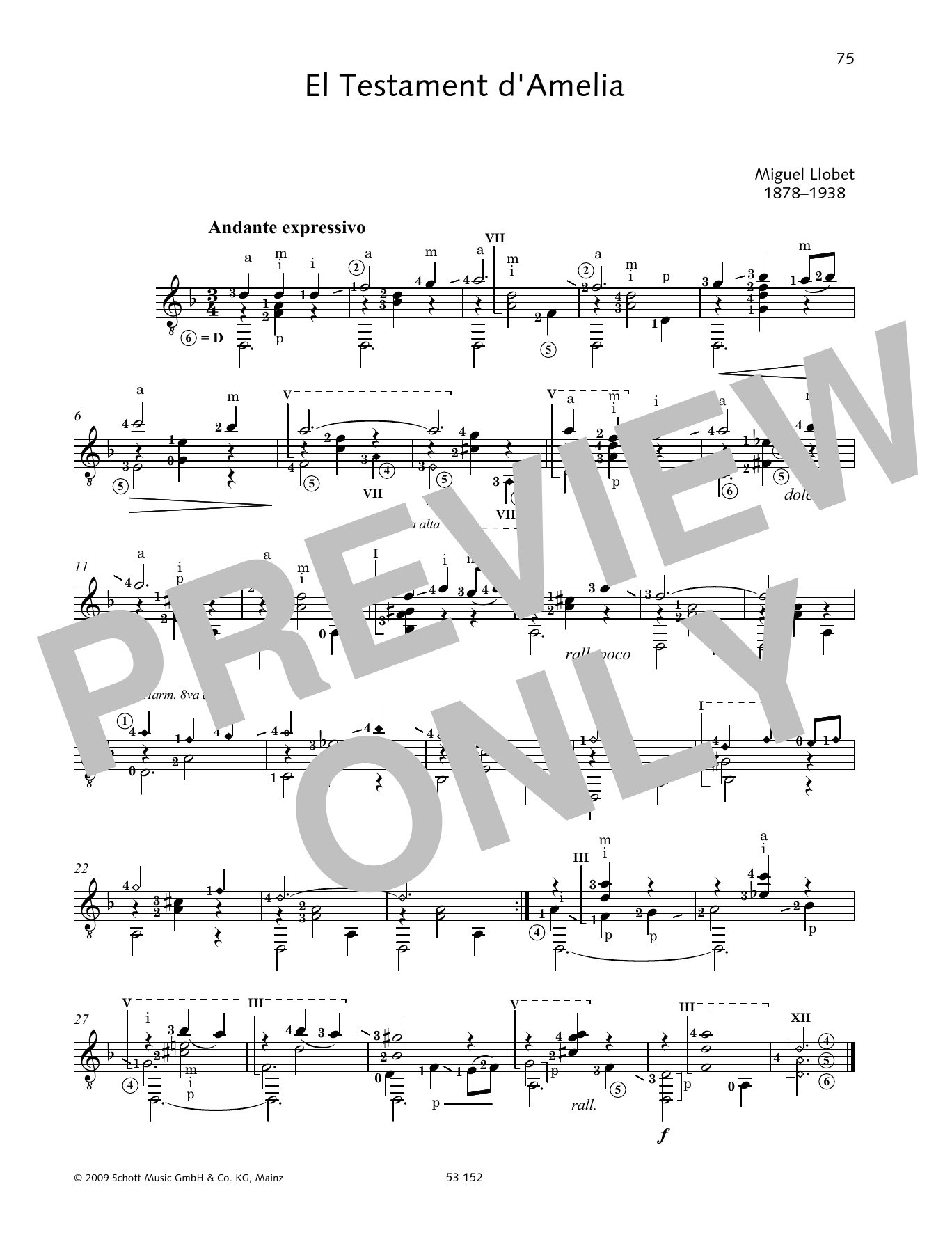 Download Miguel Llobet El Testament d'Amelia Sheet Music and learn how to play Solo Guitar PDF digital score in minutes
