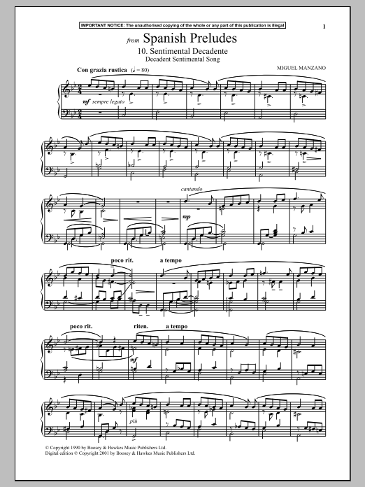 Download Miguel Manzano Spanish Preludes, 10. Sentimental Decadente (Decadent Sentimental Song) Sheet Music and learn how to play Piano PDF digital score in minutes