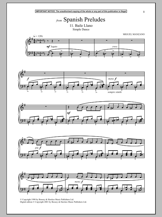 Download Miguel Manzano Spanish Preludes, 11. Baile Llano (Simple Dance) Sheet Music and learn how to play Piano PDF digital score in minutes