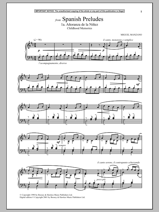 Download Miguel Manzano Spanish Preludes, 1a. Anoranza De La Ninez (Childhood Memories) Sheet Music and learn how to play Piano PDF digital score in minutes