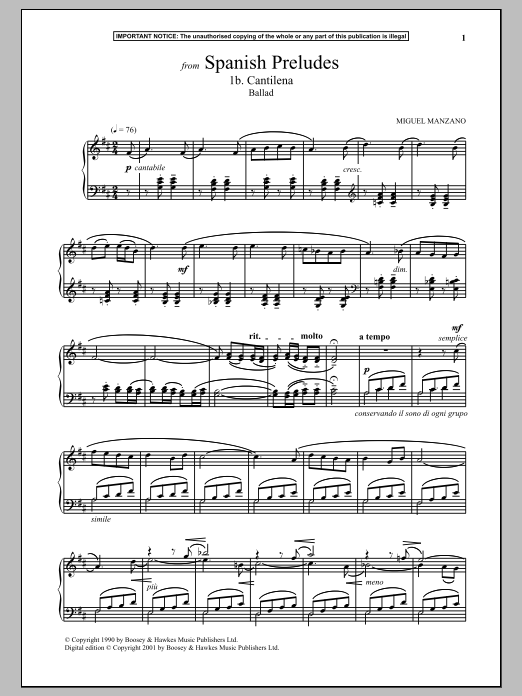 Download Miguel Manzano Spanish Preludes, 1b. Cantilena (Ballad) Sheet Music and learn how to play Piano PDF digital score in minutes