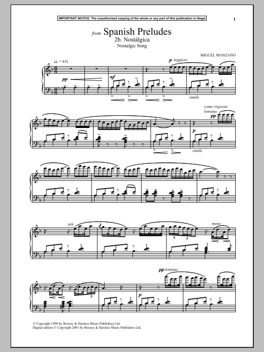 Download Miguel Manzano Spanish Preludes, 2b. Nostalgica (Nostalgic Song) Sheet Music and learn how to play Piano PDF digital score in minutes