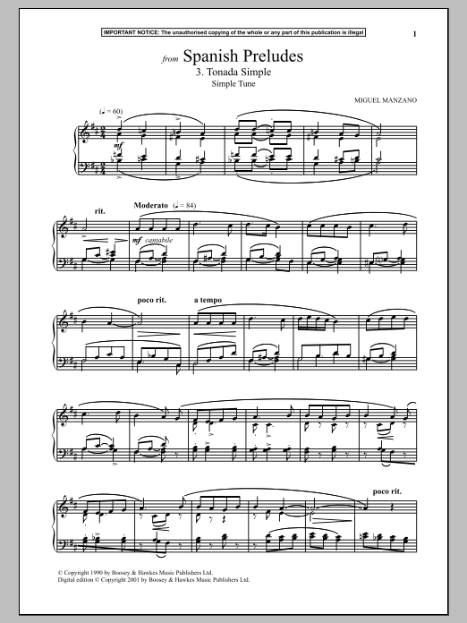 Download Miguel Manzano Spanish Preludes, 3. Tonada Simple (Simple Tune) Sheet Music and learn how to play Piano PDF digital score in minutes