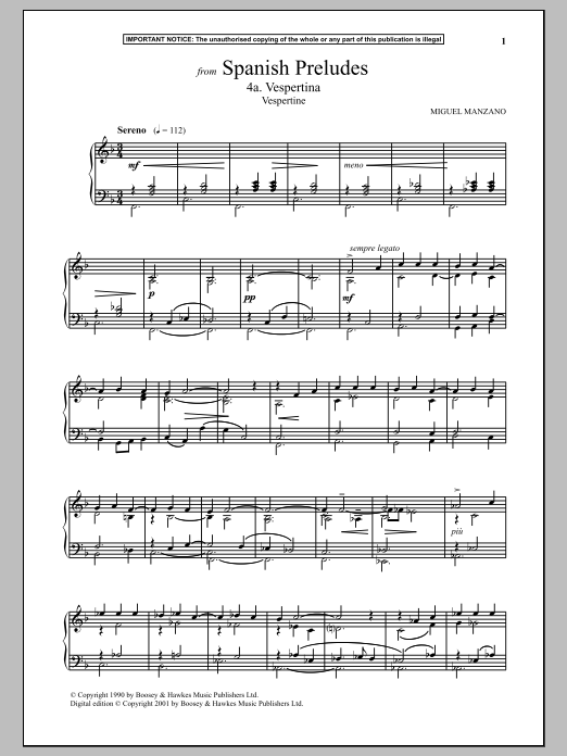 Download Miguel Manzano Spanish Preludes, 4a. Vespertina (Vespertine) Sheet Music and learn how to play Piano PDF digital score in minutes