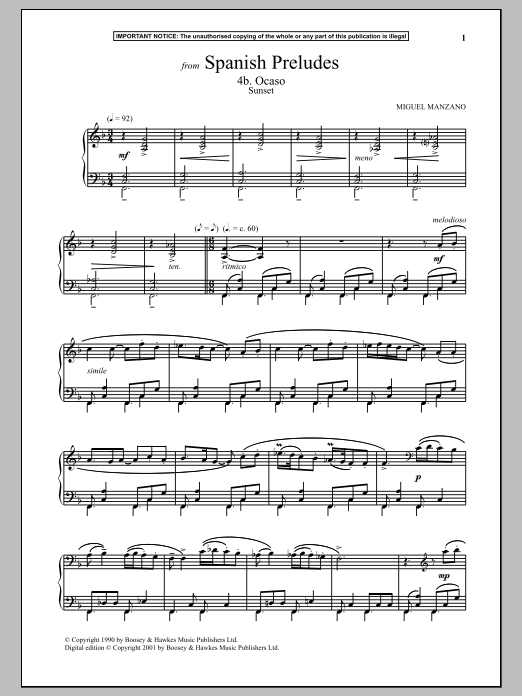 Download Miguel Manzano Spanish Preludes, 4b. Ocaso (Sunset) Sheet Music and learn how to play Piano PDF digital score in minutes
