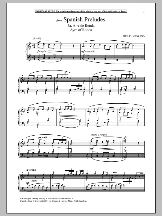Download Miguel Manzano Spanish Preludes, 5a. Aire De Ronda (Ayre of Ronda) Sheet Music and learn how to play Piano PDF digital score in minutes