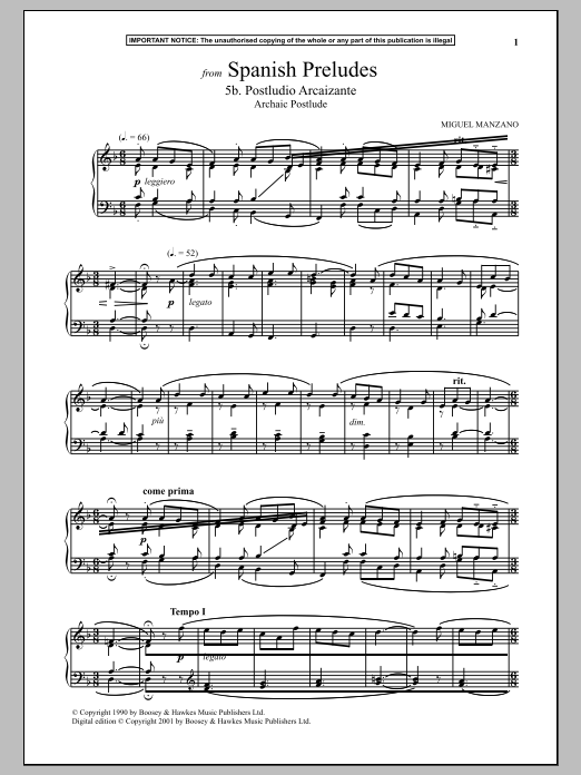 Download Miguel Manzano Spanish Preludes, 5b. Postludio Arcaizante (Archaic Postlude) Sheet Music and learn how to play Piano PDF digital score in minutes