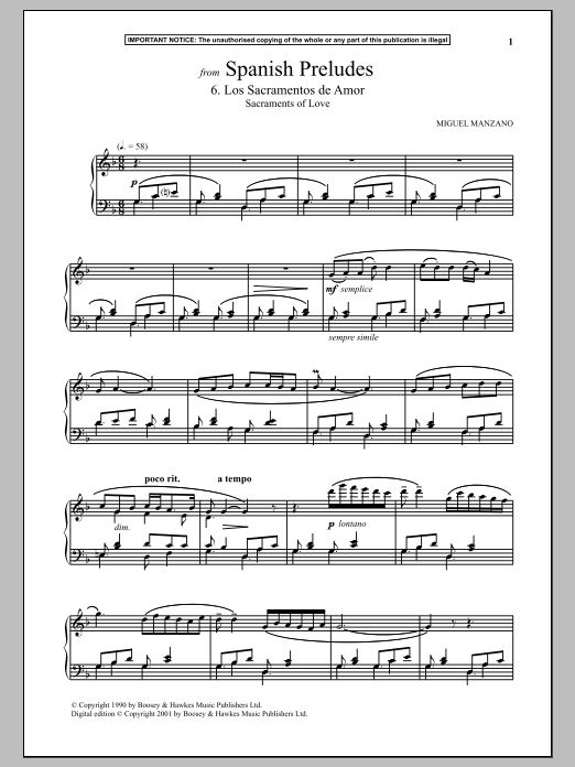 Download Miguel Manzano Spanish Preludes, 6. Los Sacramentos De Amor (Sacraments Of Love) Sheet Music and learn how to play Piano PDF digital score in minutes