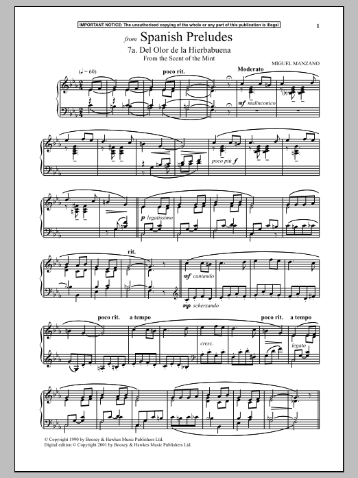 Download Miguel Manzano Spanish Preludes, 7a. Del Olor De La Hierbabuena (From The Scent Of The Mint) Sheet Music and learn how to play Piano PDF digital score in minutes