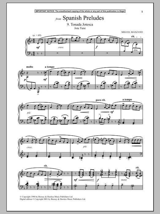Download Miguel Manzano Spanish Preludes, 9. Tonada Jotesca (Jota Tune) Sheet Music and learn how to play Piano PDF digital score in minutes