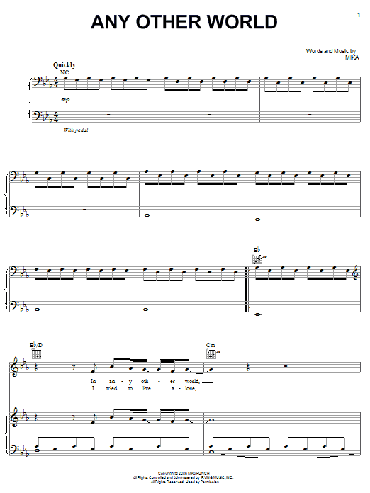 Download Mika Any Other World Sheet Music and learn how to play Piano, Vocal & Guitar (Right-Hand Melody) PDF digital score in minutes