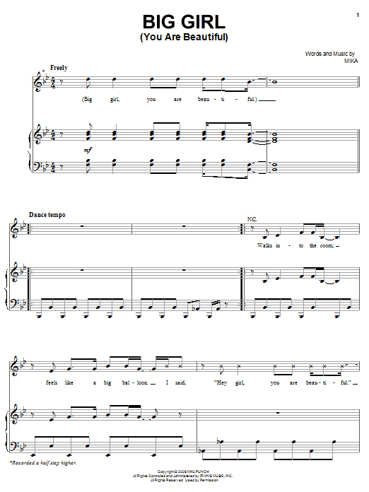 Download Mika Big Girl (You Are Beautiful) Sheet Music and learn how to play Piano, Vocal & Guitar (Right-Hand Melody) PDF digital score in minutes