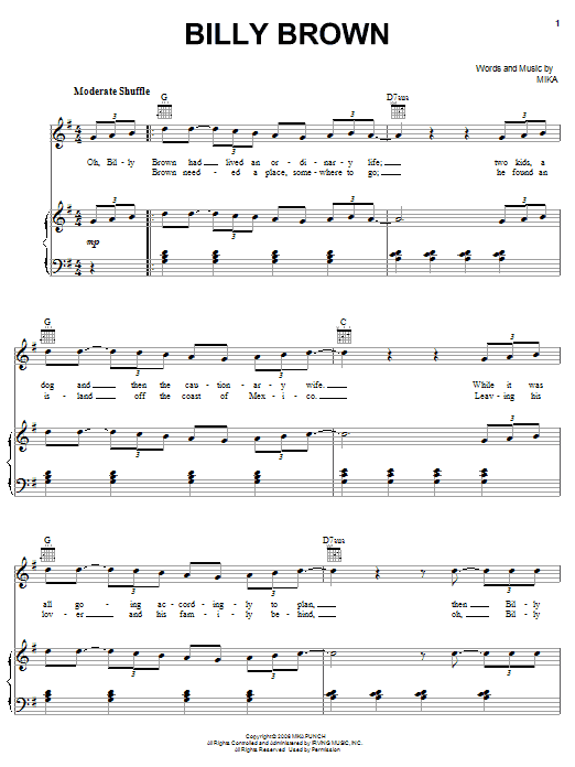 Download Mika Billy Brown Sheet Music and learn how to play Piano, Vocal & Guitar (Right-Hand Melody) PDF digital score in minutes
