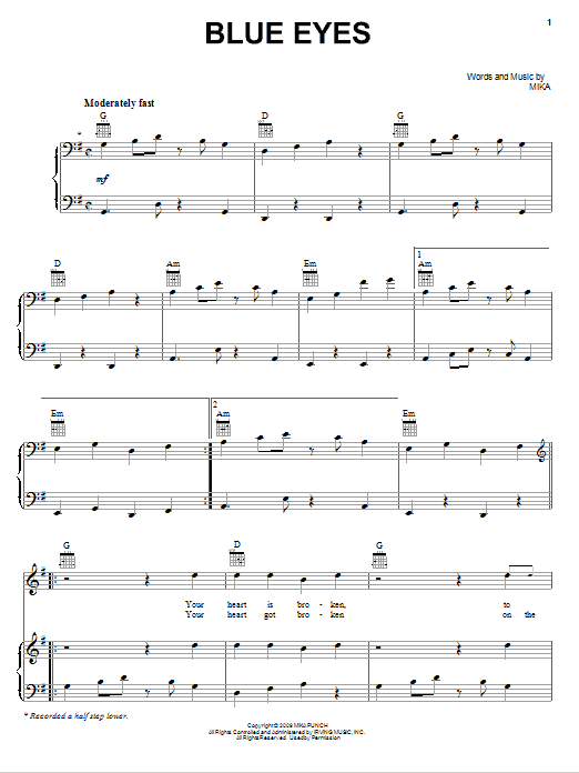 Download Mika Blue Eyes Sheet Music and learn how to play Piano, Vocal & Guitar (Right-Hand Melody) PDF digital score in minutes