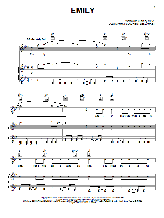 Download Mika Emily Sheet Music and learn how to play Piano, Vocal & Guitar (Right-Hand Melody) PDF digital score in minutes