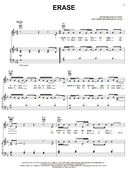 Download Mika Erase Sheet Music and learn how to play Piano, Vocal & Guitar (Right-Hand Melody) PDF digital score in minutes