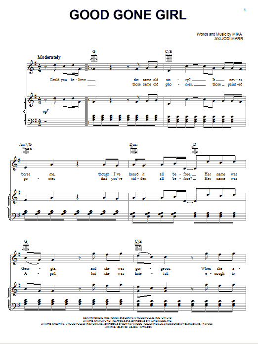 Download Mika Good Gone Girl Sheet Music and learn how to play Piano, Vocal & Guitar (Right-Hand Melody) PDF digital score in minutes
