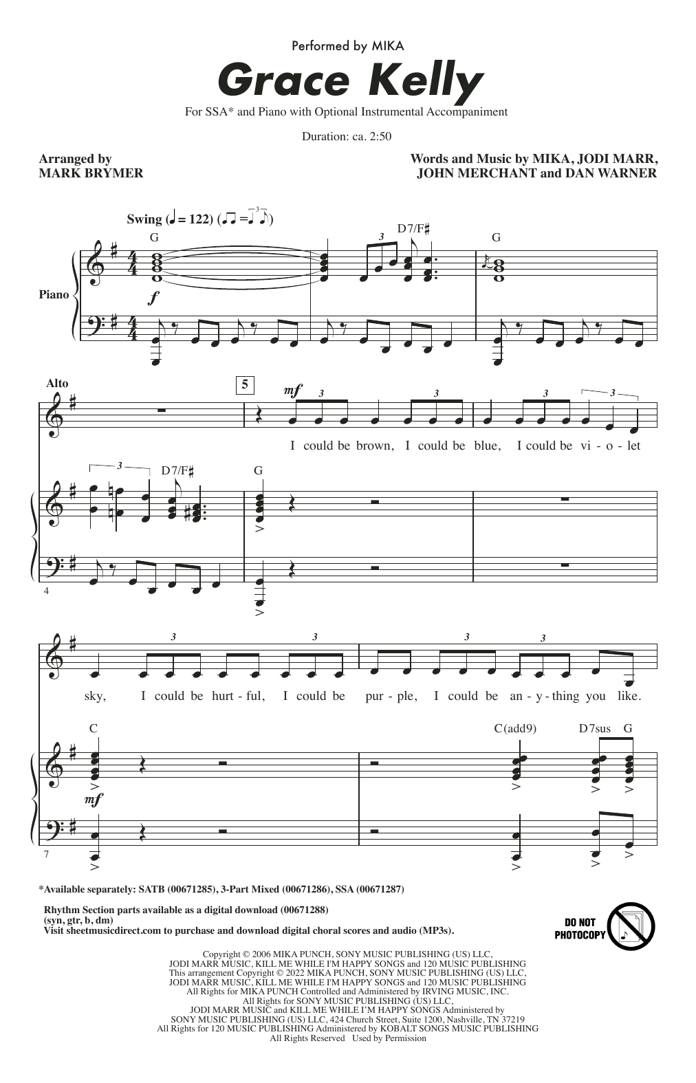 Download Mika Grace Kelly (arr. Mark Brymer) Sheet Music and learn how to play 3-Part Mixed Choir PDF digital score in minutes