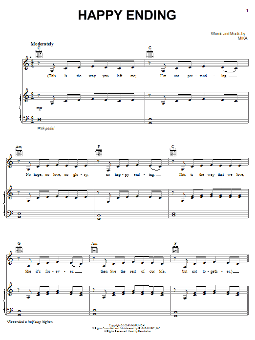 Download Mika Happy Ending Sheet Music and learn how to play Piano, Vocal & Guitar (Right-Hand Melody) PDF digital score in minutes